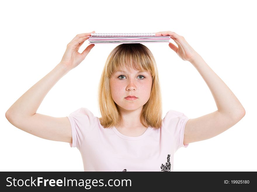 Girl with books on white background.