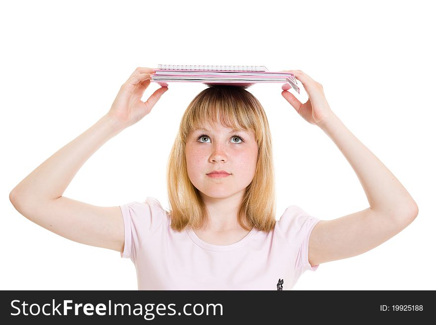 Girl with books on white background.