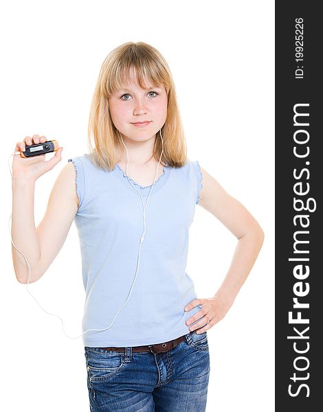 Teen with a music player on a white background.