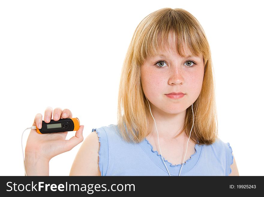 Teen with a music player on a white background.