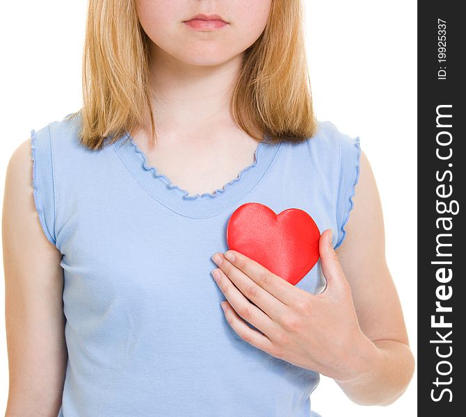 A girl with a heart on a white background.