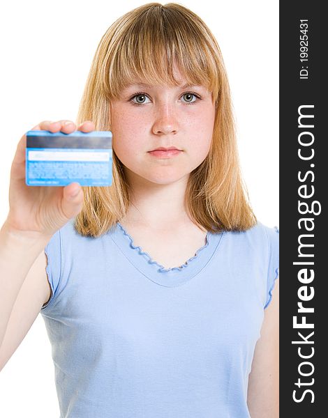 Girl with a debit card in hand. Girl with a debit card in hand