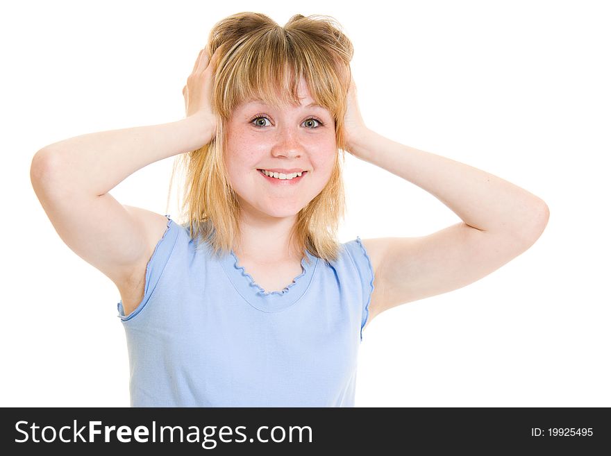 Happy teenager on a white background.