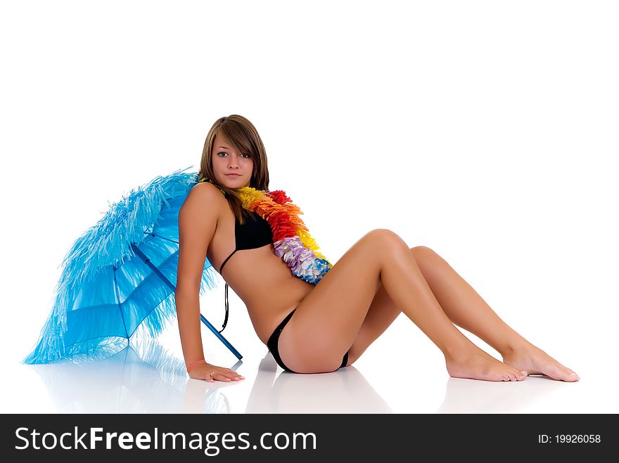 Teenager girl in bikini on white background