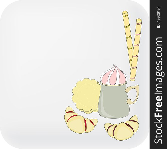 Beverage and sweets on blank background. Hand drawn illustration
