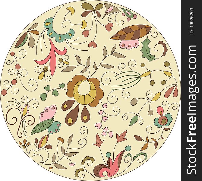 Ornamental circle with floral elements. Hand drawn illustration