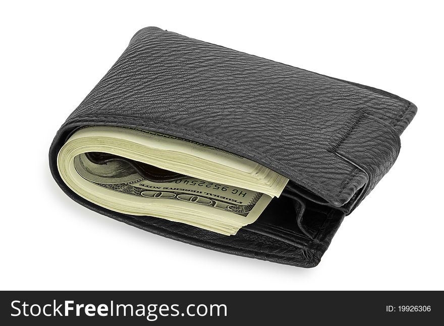Black leather wallet with money on white background