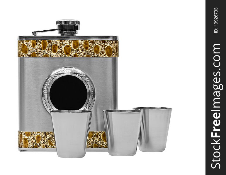 Hip flask and cups with white background. Hip flask and cups with white background