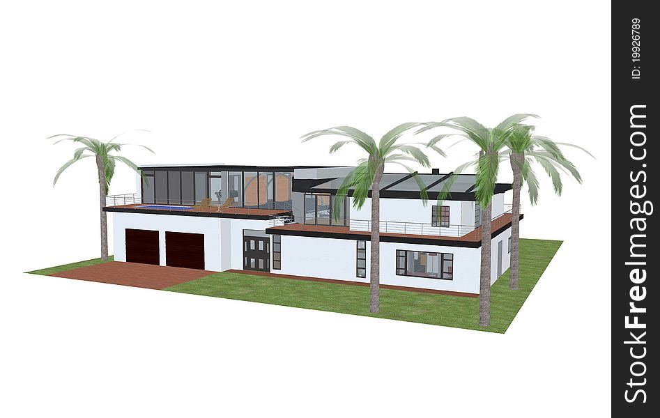 3d render of a house with palms. 3d render of a house with palms