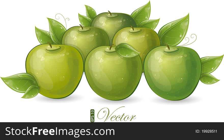 Green apples and leaves, illustration, eps-10