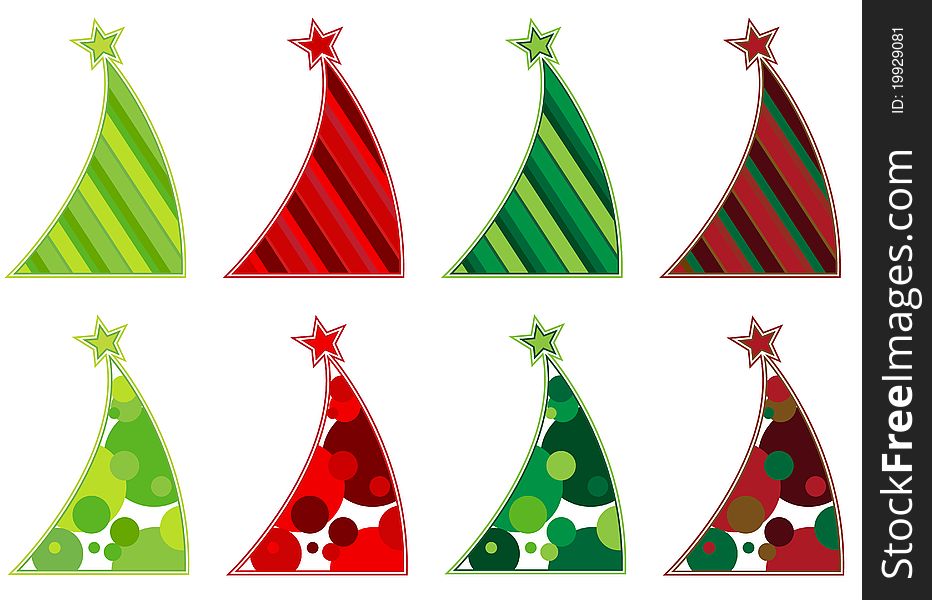 Contemporary Christmas tree collection featuring slanted abstract trees decorated with stripes or dots