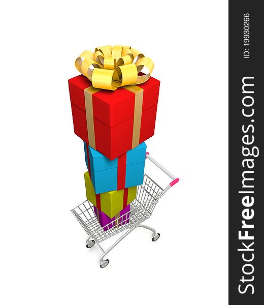Shopping cart with pile of gifts over white. Shopping cart with pile of gifts over white.