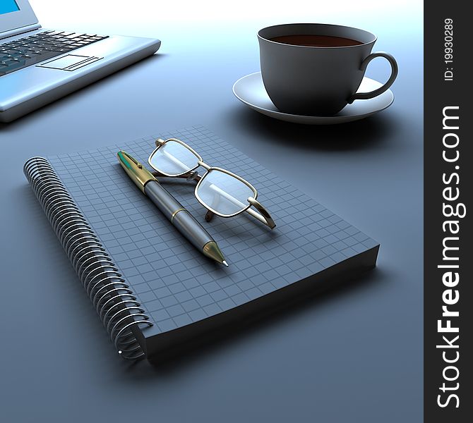 Coffee, laptop, glasses and the pen. Coffee, laptop, glasses and the pen