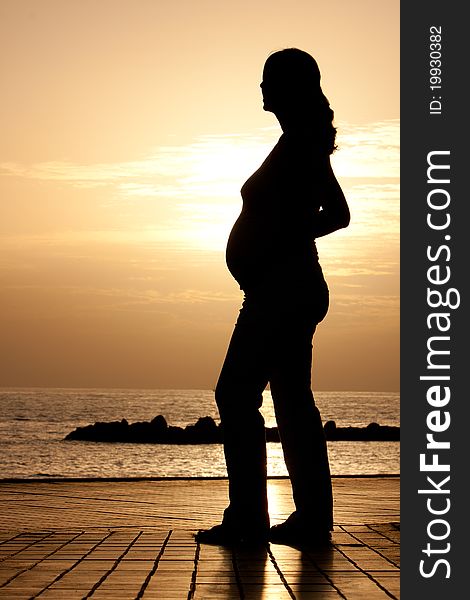 The contours of a pregnant woman by sunset