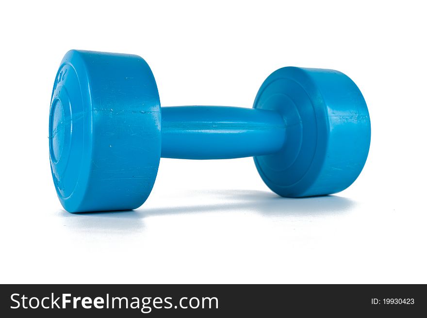 Close up blue dumbbell with white background