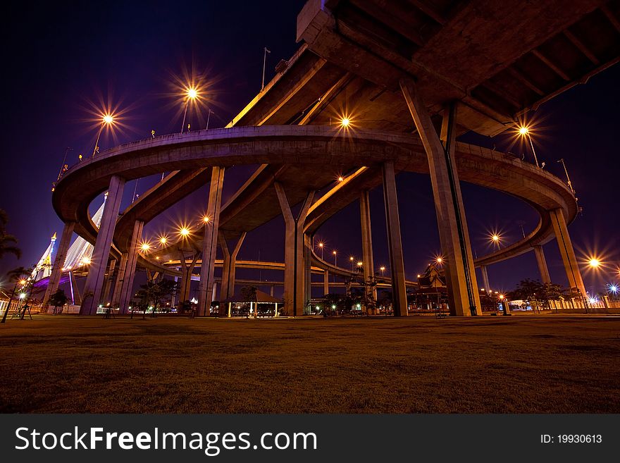 Bhumibol Bridge at night in Thailand