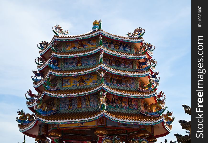 Chinese temple with blue sky in Chonburi Thailand