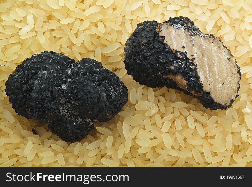 Black truffles on Rice close up