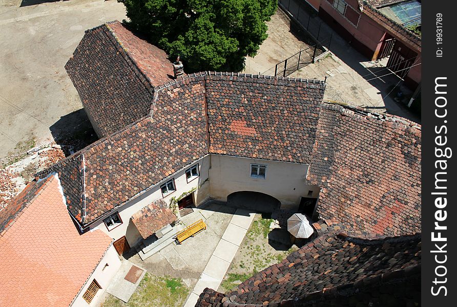 Red roofs - top view of a romanian village.