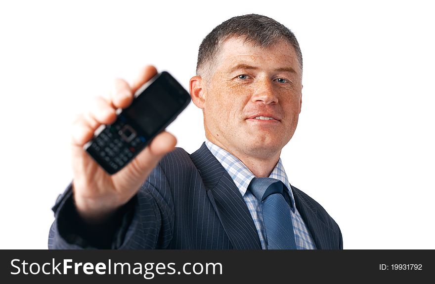 Close-up of an elder smiling man holding and showing his mobile. Close-up of an elder smiling man holding and showing his mobile.