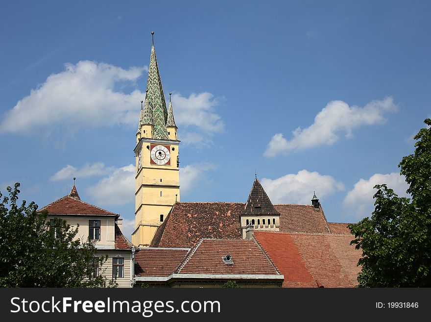 Church tower in medieval city Medias, Romania