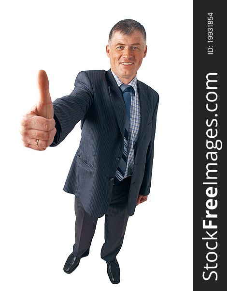 Full length of a elder business executive showing OK sign on white background. Full length of a elder business executive showing OK sign on white background.