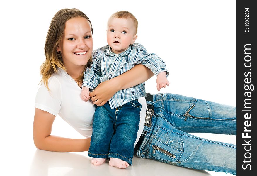 Happy mother with a baby on a white background