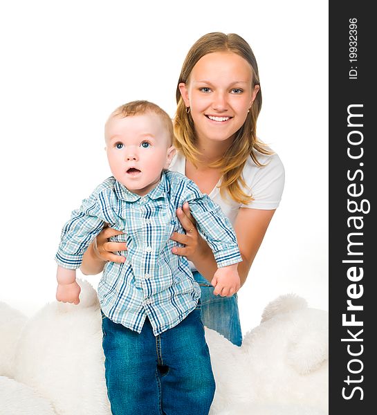 Happy mother with a baby on a white background