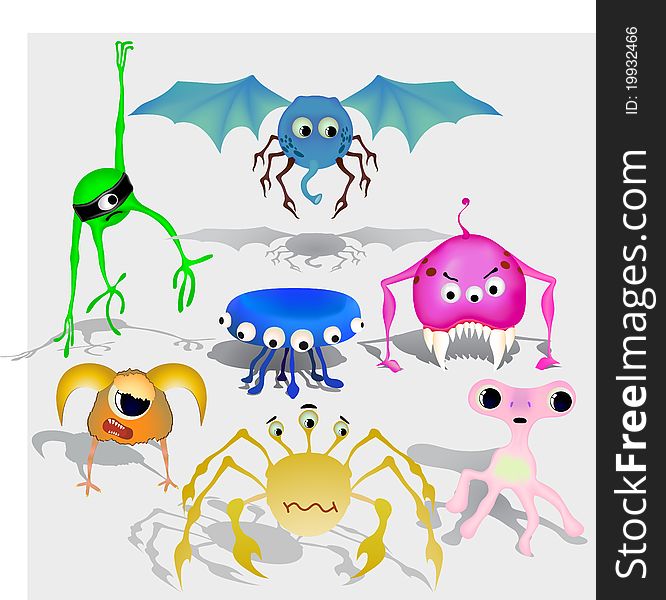 Vector set of multi-colored aliens and the monsters having different actions. Vector set of multi-colored aliens and the monsters having different actions