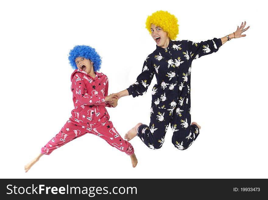 Clowns jumping on the white background. Clowns jumping on the white background