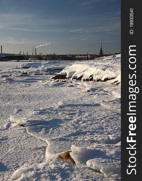 Frozen sea on Helsinki shore in Finland