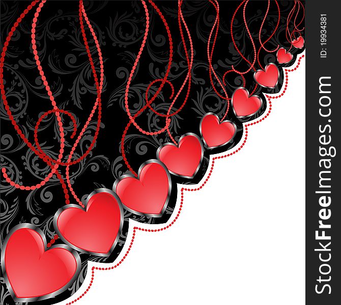 Glossy red hearts hanging diagonal on black and white background. Glossy red hearts hanging diagonal on black and white background