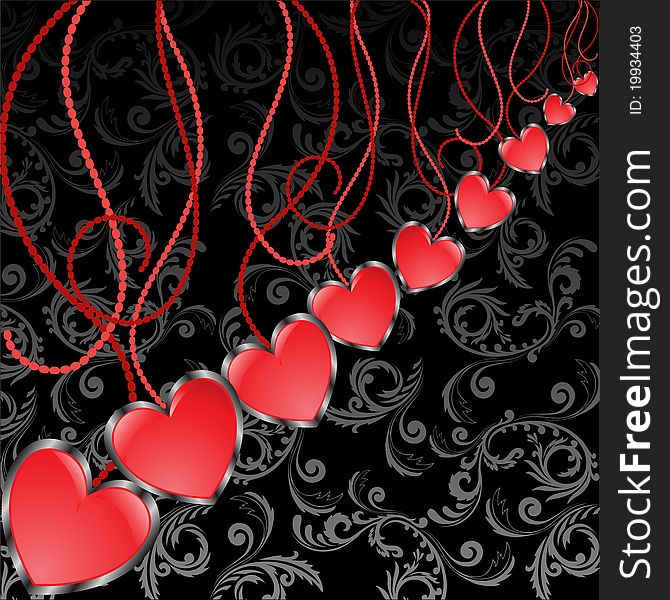 Glossy red hearts hanging diagonal on a black background. Glossy red hearts hanging diagonal on a black background