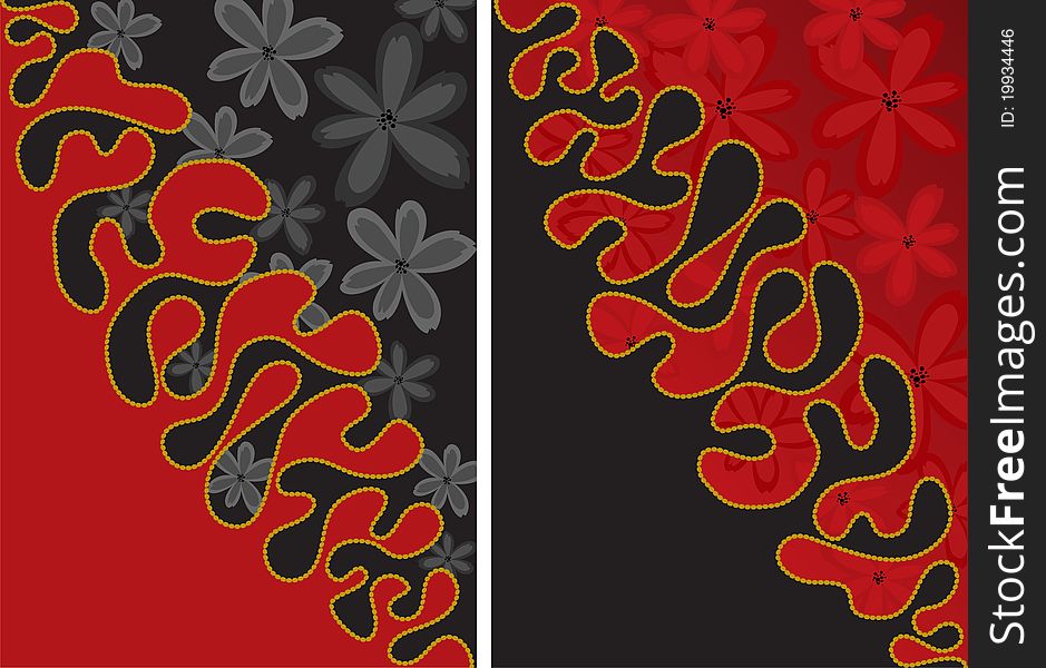 Two abstract black and red background with flowers. Two abstract black and red background with flowers