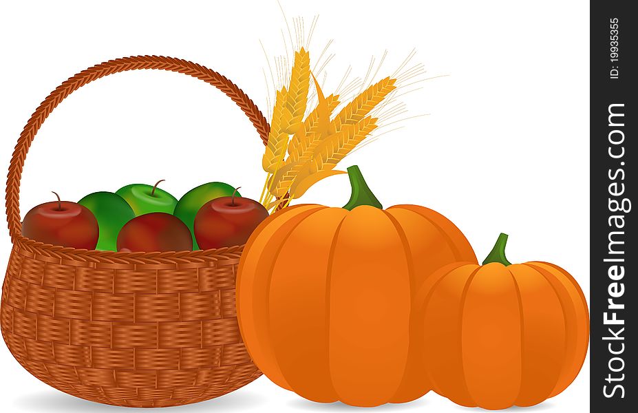 Pumpkins and wicker basket filled with apples and corn. Pumpkins and wicker basket filled with apples and corn