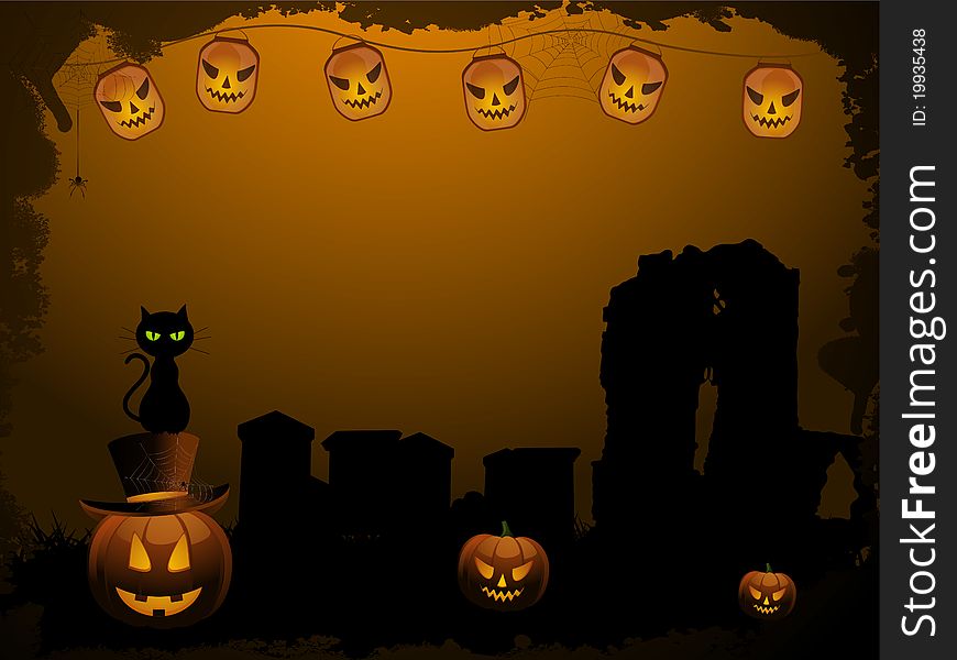 Halloween background with lanterns, abbey, grave yard, black cat and pumpkins. Halloween background with lanterns, abbey, grave yard, black cat and pumpkins