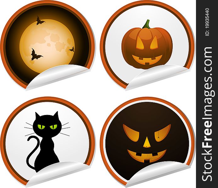 Set of halloween stickers with bats, pumpkin, full moon, black cat and scary face