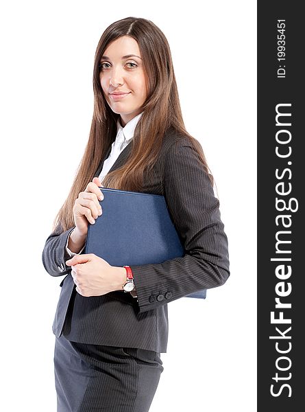 Portrait of young girl in business suit on white. Portrait of young girl in business suit on white