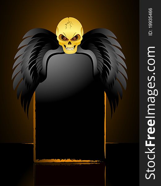Skull with glowing red eyes and wings on a glossy black plaque. Skull with glowing red eyes and wings on a glossy black plaque