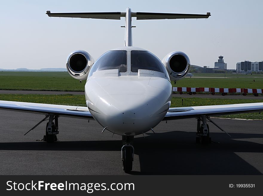 Frontal view of the light business jet. Frontal view of the light business jet