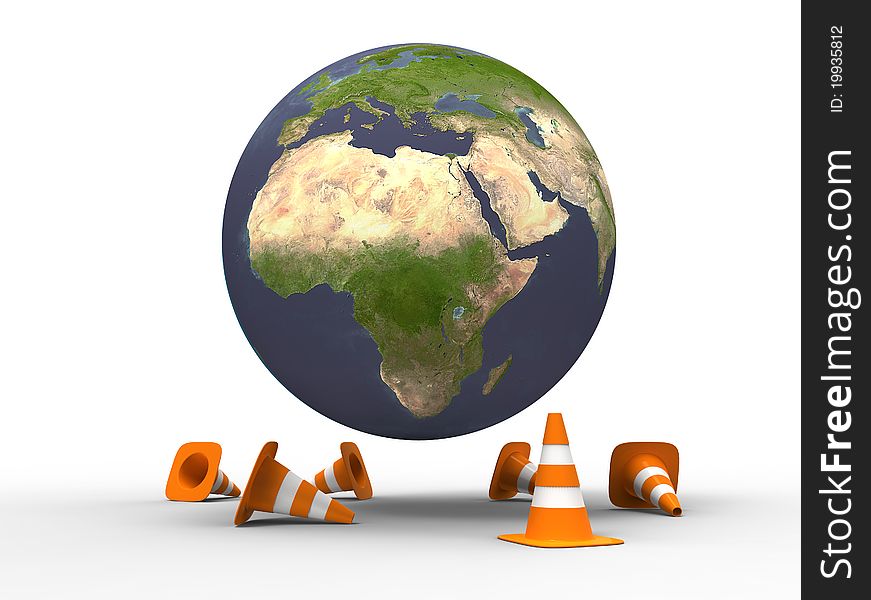 3d illustration of a world under construction with traffic cones on white background. 3d illustration of a world under construction with traffic cones on white background