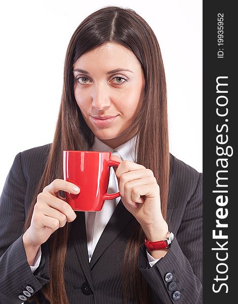 Portrait of  girl in business suit with  cup
