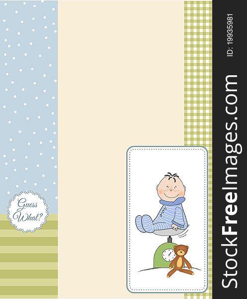 New baby arrived card with little baby and teddy bear