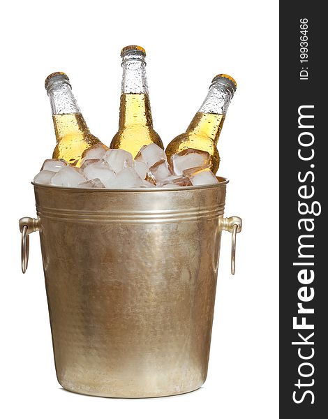 Bottles of beer are in ice bucket