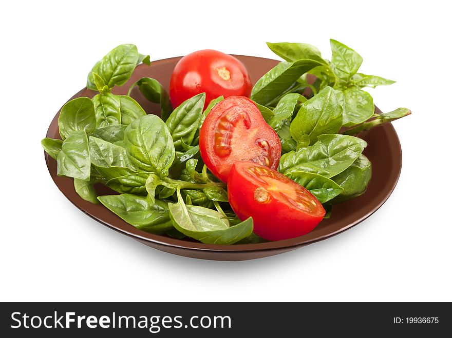 Green basil with red tomatoes on a plate. Green basil with red tomatoes on a plate