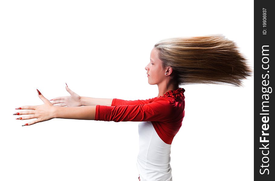 Portrait of young hypnotized girl with hands stretched forward and hair fluttering on strong wind on isolated white background. Portrait of young hypnotized girl with hands stretched forward and hair fluttering on strong wind on isolated white background