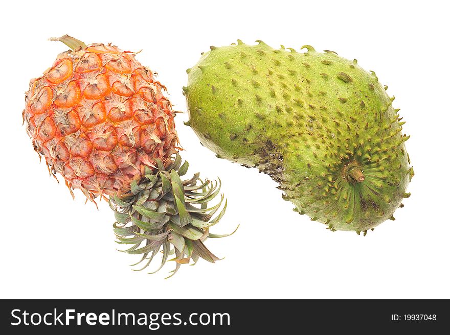 Tropical Fruits Pineapple And Soursop Isolated On White Background