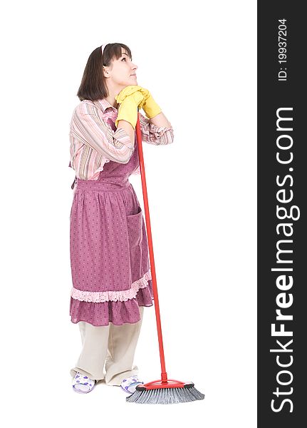Young adult woman doing housework. over white background