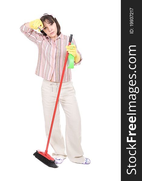 Young adult woman doing housework. over white background