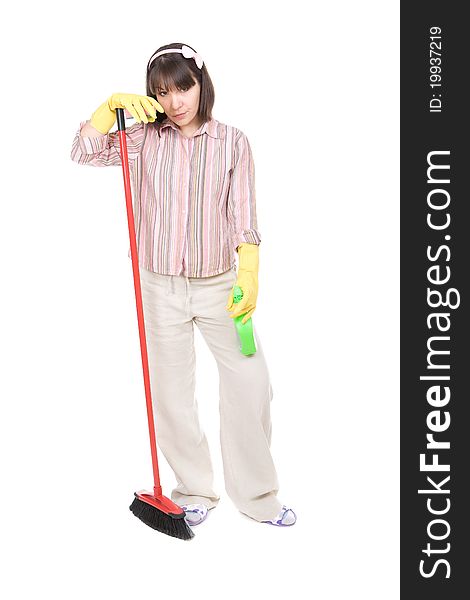 Young adult woman doing housework. over white background